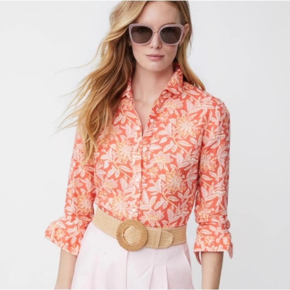 J McLaughlin Lois Linen-Blend Blouse coral pink flower print button down